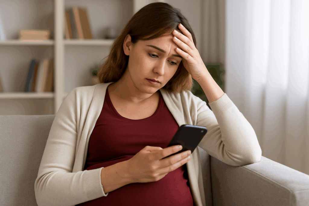 Pregnant woman looking stressed while holding her phone, uncertain about the father, considering a genetic test while pregnant

