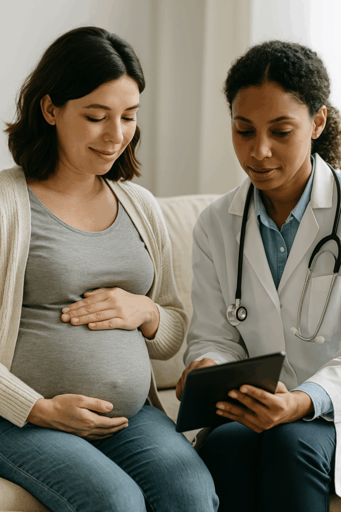 Pregnant woman discussing genetic test while pregnant with a female doctor using a digital tablet

