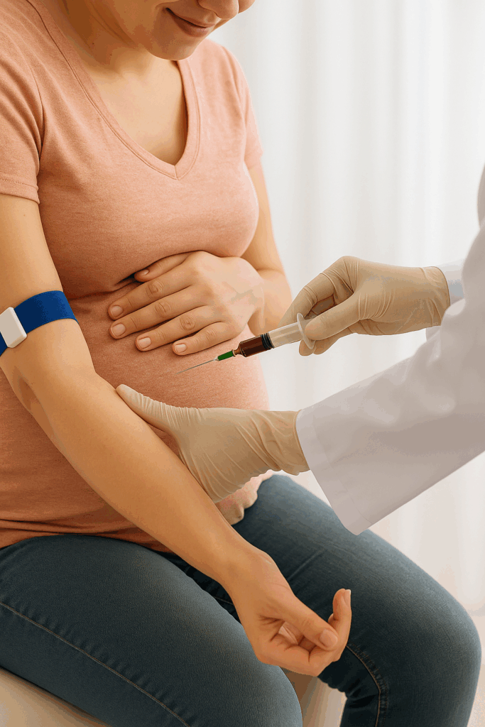 Pregnant woman receiving a blood draw for a non-invasive genetic test while pregnant