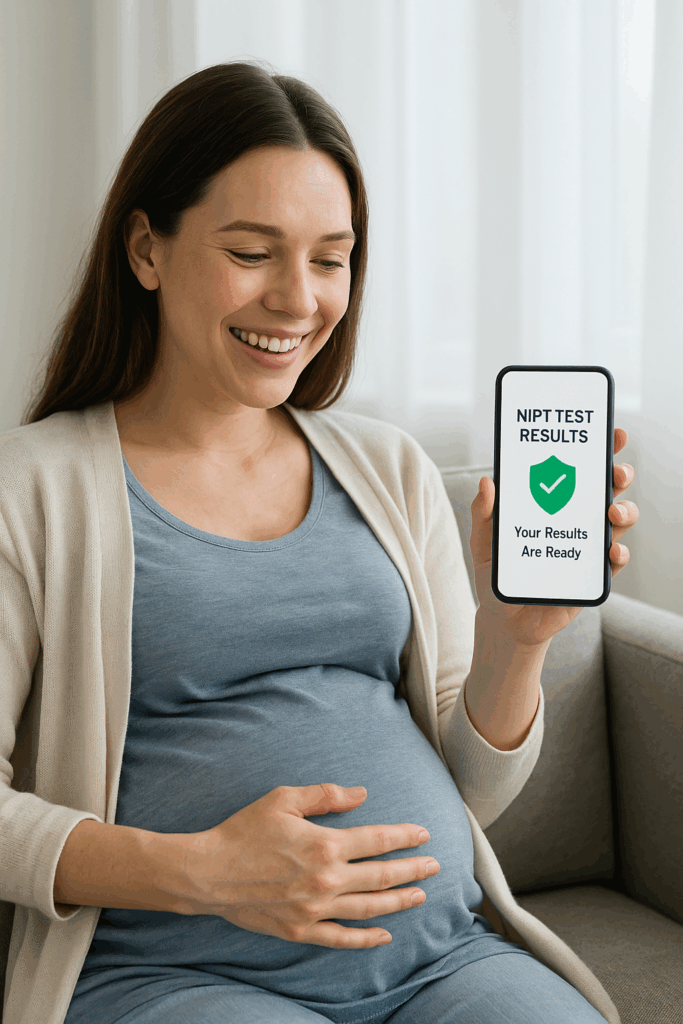 Pregnant woman receiving NIPT test results on her smartphone with a confirmation message