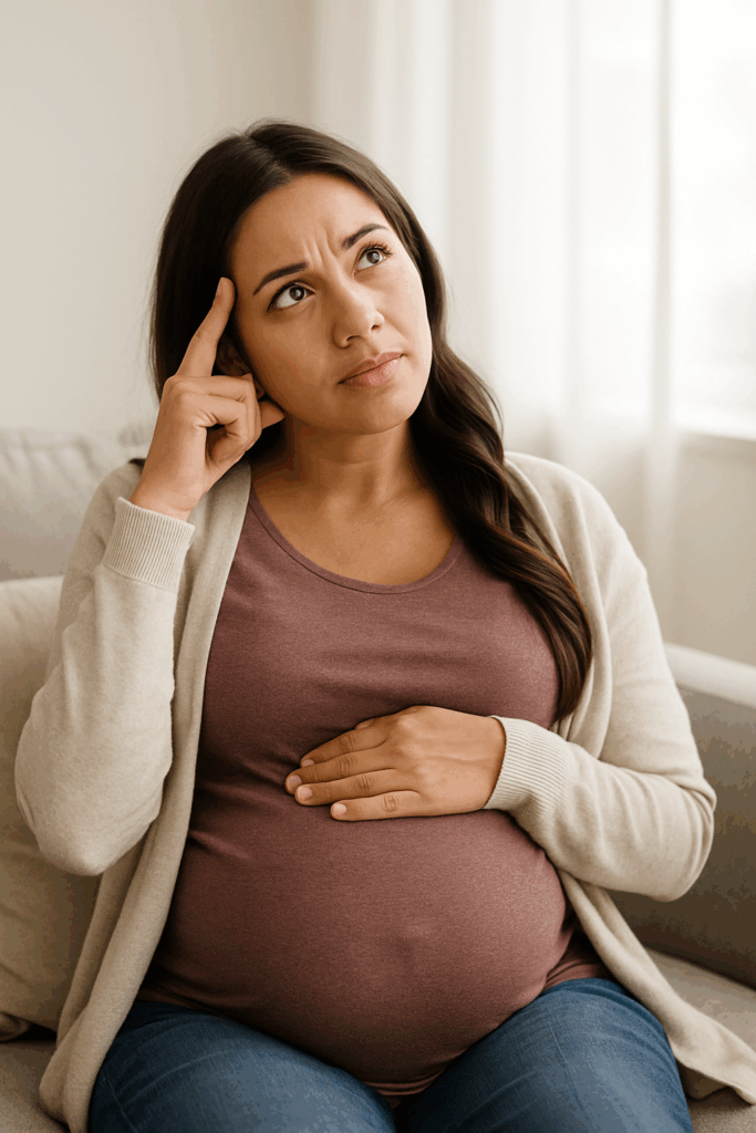 Pregnant woman thinking deeply while resting her hand on her belly, considering a genetic test while pregnant

