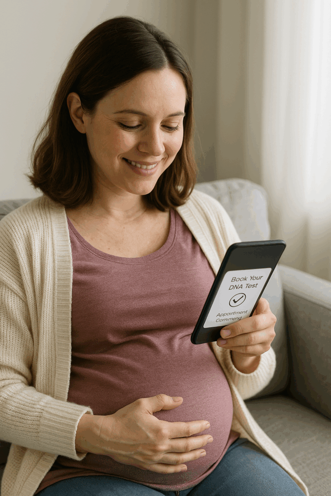 Pregnant woman booking a non-invasive genetic test while pregnant using her smartphone